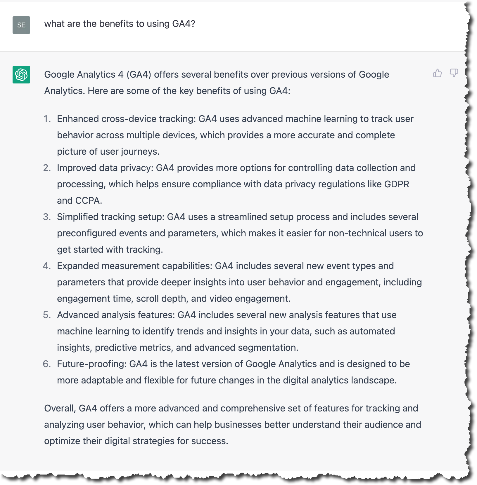 Image showing the screen capture of the ChatGPT response to the question 'What are the benefits to using GA4?'