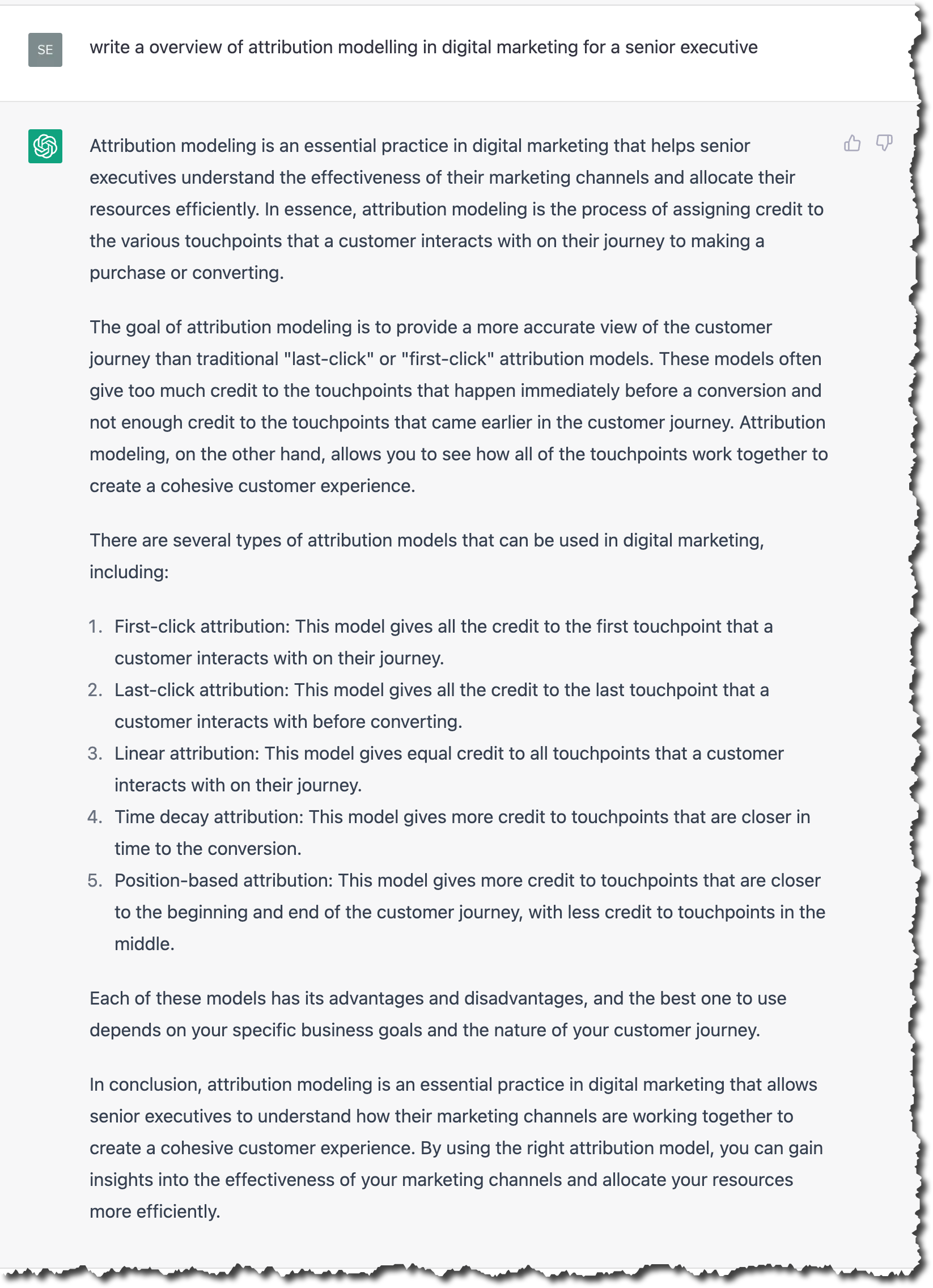 Image showing the screen capture of the ChatGPT response to the request 'write an overview of attribution modelling in digital marketing for a senior executive'
