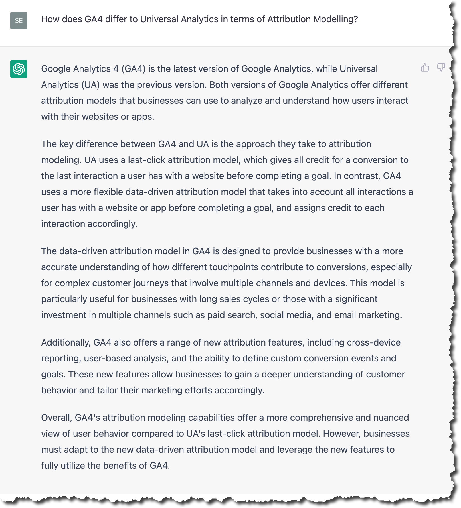 Image showing the screen capture of the ChatGPT response to the question 'How does Attribution Modelling differ in GA4 to Universal Analytics?'